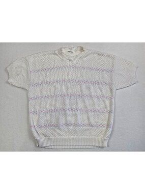 Vintage Short-Sleeve Knit Sweater XL Top White Pink Floral Cottagecore Feminine